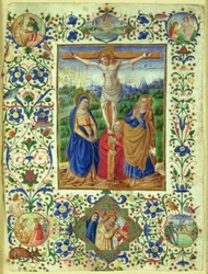 De Kruisiging omringd door zes medaillons met zes episodes uit de Passie van Christus